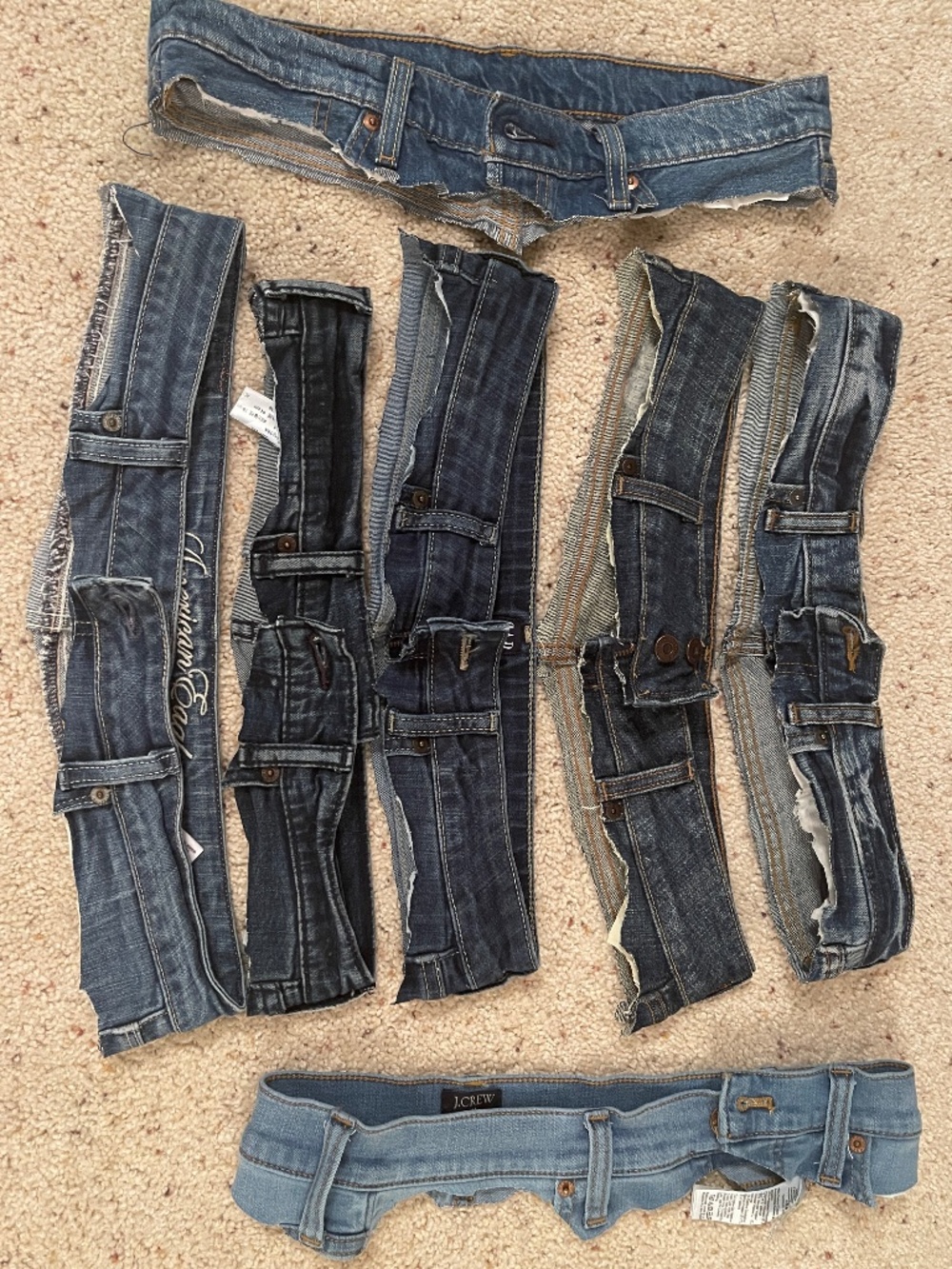 7 Reclaimed Denim Jeans Waistbands Belt Loops Mixed Blue Wash Craft Upcycle Lot
